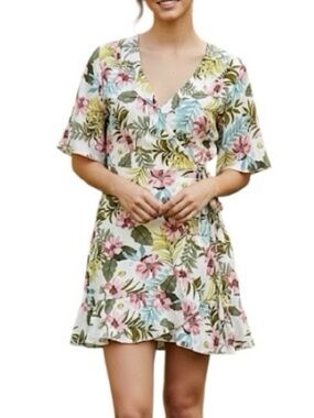 Rinascimento Italy tropical floral mini wrap dress M
